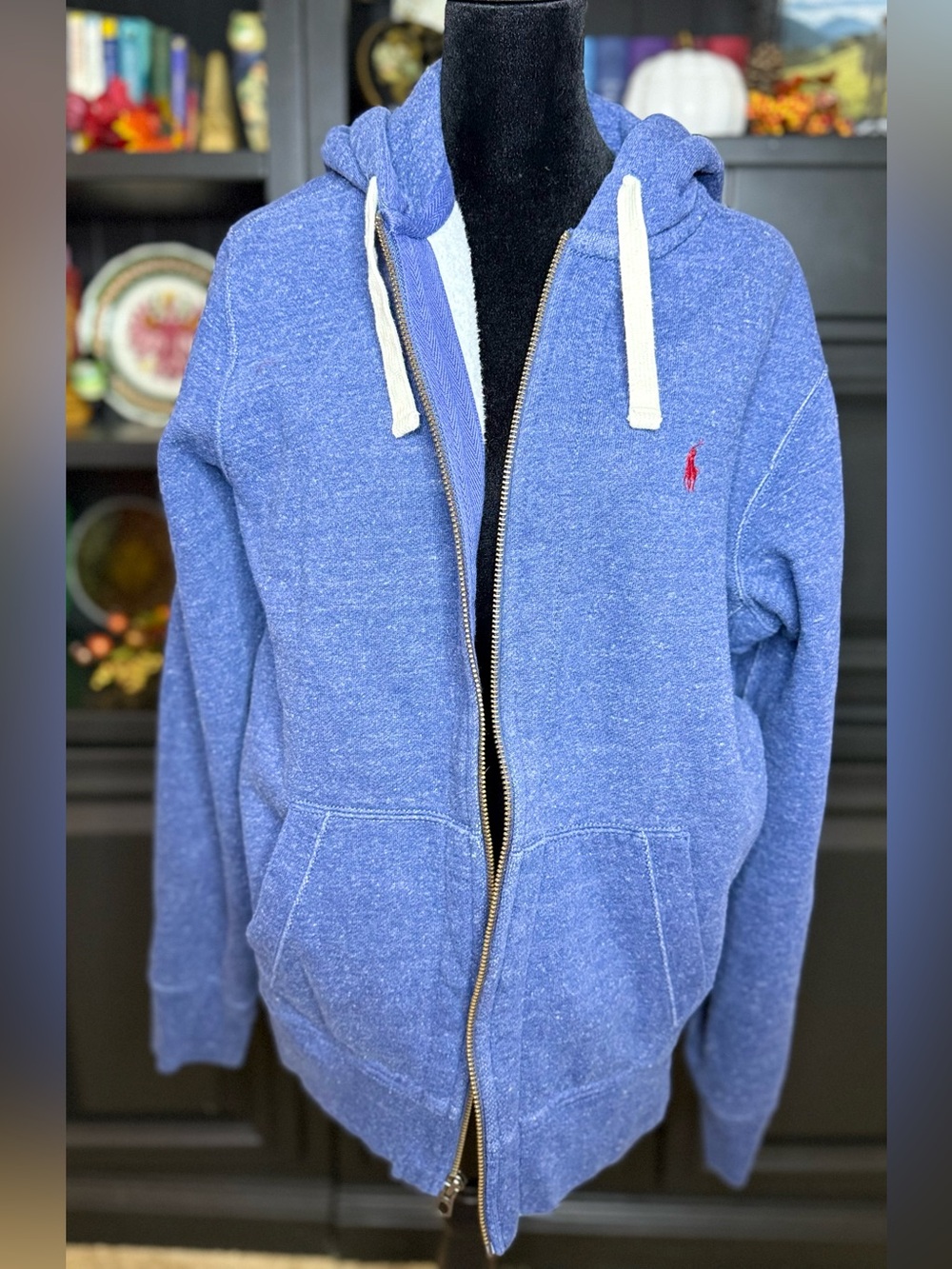 Polo Ralph Lauren Blue zip front hoodie classic preppy designer logo Large EC